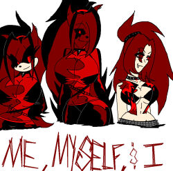  accessory anthro arm_scar bangs belt big_breasts boob_tube bra breasts choker cleavage clothed clothing demon demonic_(jollylink) ear_piercing fan_character fangs felid feline female group hair_accessory hairband huge_breasts human humanoid jewelry jollylink lace looking_at_viewer mammal markings mole_(marking) necklace piercing red_body red_eyes scar shirt skimpy smug tank_top teeth topwear trio tube_top underwear wide_hips wristband 