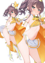  :q ahoge band_uniform bare_shoulders blush breasts brooch brown_hair female full_body gloves green_eyes grin hair_between_eyes hat heart heart-shaped_pupils highres hololive jewelry long_hair majorette marching_band_baton natsuiro_matsuri navel shako_cap simple_background skirt small_breasts smile solo stomach symbol-shaped_pupils tongue tongue_out virtual_youtuber white_background white_gloves wrist_cuffs yoshie_eneko 