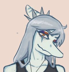  2024 amber_eyes anthro biped black_clothing black_shirt black_tank_top black_topwear blue_body blue_scales bone_frill bust_portrait clothed clothed_anthro clothed_male clothing collar eyeshadow fang_(gvh) frill_(anatomy) front_view ftm_crossgender goodbye_volcano_high grey_hair hair jewelry kenonsfw long_hair looking_at_viewer makeup male markings necklace one_eye_closed portrait prehistoric_species pterodactylus pterosaur reptile rule_63 scales scalie shirt simple_background smile solo spiked_collar spikes striped_markings stripes tan_background tank_top topwear 