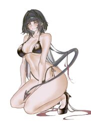  alternate_costume animal_ears bikini black_bikini black_hair blunt_bangs breasts female frilled_bikini frills green_eyes highres jane_doe_(zenless_zone_zero) large_breasts long_hair long_tail looking_at_viewer mouse_ears mouse_girl mouse_tail multicolored_hair red_hair s7nsles sharp_tail smile swimsuit tail tongue tongue_out white_background zenless_zone_zero 