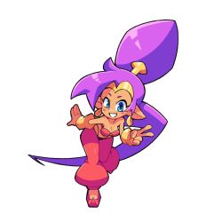  arexnub blue_eyes breasts cleavage clothed clothing female footwear genie gesture hair hand_gesture hi_res humanoid humanoid_pointy_ears long_hair looking_at_viewer not_furry pointy_ears ponytail purple_hair shantae shantae_(series) simple_background smile smiling_at_viewer solo tan_body tan_skin v_sign wayforward 