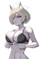  absurdres alternate_hair_length alternate_hairstyle animal_ear_fluff animal_ears bare_arms bare_shoulders black_bra blonde_hair blue_archive blue_eyes bra breasts chojja clenched_teeth dog_ears dog_girl extra_ears female hair_over_one_eye highres kanna_(blue_archive) large_breasts midriff navel no_shirt pink_nails sharp_teeth short_hair sidelocks solo sweat teeth underwear 