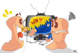  ambiguous_gender annoyed beady_eyes clenched_teeth crt digital_drawing_(artwork) digital_media_(artwork) doodlinghitman duo electronics english_text feral floating_hands full-length_portrait game_console gaming hi_res limbless mitten_hands n64_console nintendo nintendo_64 noseless open_mouth open_smile portrait rear_view shaded sharp_teeth signature simple_background smile teeth television text white_background worm worm_(worms) worms_(series) 