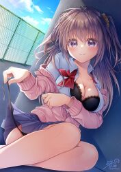  black_bra black_panties blue_skirt blush bow bra breasts brown_hair cardigan cleavage closed_mouth collared_shirt female hair_ornament highres large_breasts long_hair long_sleeves looking_at_viewer medium_breasts open_cardigan open_clothes original panties pink_cardigan pleated_skirt purple_eyes red_bow school_uniform shirt skirt smile solo underwear white_shirt yorarry 