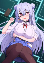  arm_under_breasts black-framed_eyewear black_choker blush breasts brown_pantyhose choker cross cross_earrings double_bun earrings female hair_bun high-waist_skirt highres jewelry large_breasts long_hair looking_at_viewer open_mouth original pantyhose pink_shirt purple_hair red_eyes shirt short_sleeves skirt smile solo tsukimoto_reiji 