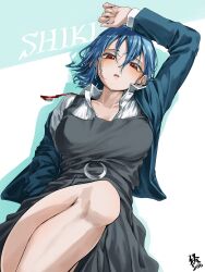  absurdres blue_hair blue_jacket breasts brown_eyes character_name commentary dress endo_yohane female grey_dress highres jacket knee_up large_breasts looking_at_viewer love_live! love_live!_superstar!! lying medium_hair neck_ribbon on_back open_mouth red_ribbon ribbon school_uniform shirt signature unbuttoned unbuttoned_shirt untied_ribbon wakana_shiki white_background white_shirt yuigaoka_school_uniform 