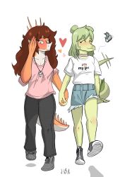  absurd_res anthro anthro_on_anthro aquilops arthropod artist_name biped blush bottomwear breasts brown_hair butterfly ceratopsian choker closed_eyes clothing converse cross denim denim_bottomwear denim_clothing denim_shorts dinosaur duo english_text facial_horn female female/female fingers footwear front_view goodbye_volcano_high green_body green_hair green_scales grey_bottomwear grey_clothing grey_pants hair hair_bun hand_holding happy heart_symbol hi_res horn humanoid_hands insects interspecies j-wan jewelry lepidopteran lesbian_pride_colors lgbt_pride long_hair long_tail medium_breasts multicolored_body multicolored_scales necklace nervous non-mammal_breasts orange_body orange_scales ornithischian pants pink_clothing pink_shirt pink_topwear prehistoric_species pride_colors reptile romantic romantic_couple rosa_(gvh) scales scalie shaded shirt shoes shorts shy smile spiked_tail spikes spikes_(anatomy) stegosaurian stegosaurus stella_(gvh_beta) tail text thyreophoran topwear twin_buns two_tone_body two_tone_scales walking white_body white_clothing white_scales white_shirt white_topwear 