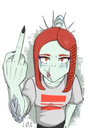  5_fingers amber_eyes anthro biped black_bottomwear black_clothing black_pants blue_body blue_scales bone_frill bottomwear breasts clothed clothed_anthro clothed_female clothing collar colored elbow_feathers fang_(gvh) feathers female fingers frill_(anatomy) gesture goodbye_volcano_high grey_body grey_clothing grey_feathers grey_shirt grey_topwear hair hand_gesture hi_res high-angle_view humanoid_hands j-wan long_hair looking_at_viewer markings middle_finger non-mammal_breasts pants prehistoric_species pterodactylus pterosaur red_hair reptile scales scalie shaded shirt simple_background small_breasts solo spiked_collar spikes striped_markings stripes tongue tongue_out topwear white_background 