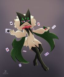  2025 5:6 ambiguous_gender anthro card choice_band claws featureless_crotch felid feline female_(lore) flat_chested fur generation_9_pokemon green_body green_fur green_hair hair half-closed_eyes hi_res looking_at_viewer mammal meowscarada narrowed_eyes nintendo pawpads paws pink_eyes playing_card pokemon pokemon_(species) razgrizdl rose_(razgrizdl) signature simple_background solo tail 