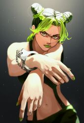  bare_shoulders bun_with_braided_base cone_hair_bun cuffs double_bun female glaring green_eyes green_hair green_lips green_nails hair_bun handcuffs highres jojo_no_kimyou_na_bouken kujo_jolyne lipstick looking_at_viewer makeup midriff multicolored_hair navel solo stone_ocean togusa_jj two-tone_hair 