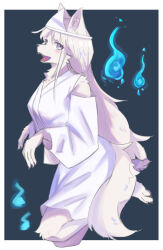  2023 5_fingers absurd_res anthro canid canine clothing digital_drawing_(artwork) digital_media_(artwork) dress female fingers fox ghost hair hat headgear headwear hi_res japanese_ghost_outfit mametunu mammal solo spirit tail teeth tongue white_clothing white_dress 