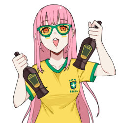  2022_fifa_world_cup absurdres alcohol arm_up blunt_bangs bottle breasts clothes_writing collarbone commentary eyebrows_hidden_by_hair facepaint female green-framed_eyewear green_shirt green_trim grin hand_up highres holding holding_bottle hololive hololive_english karassawa large_breasts long_eyelashes long_hair long_sidelocks looking_at_viewer mori_calliope open_mouth pink_hair print_shirt raised_eyebrows shirt short_sleeves sidelocks simple_background smile soccer_uniform solo sportswear straight-on straight_hair sunglasses t-shirt teeth tented_shirt thick_eyelashes tinted_eyewear two-tone_shirt upper_body upper_teeth_only very_long_hair virtual_youtuber white_background world_cup yellow-tinted_eyewear yellow_shirt 