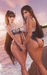  2girls 3d ass beach bikini black_hair blunt_bangs breasts brown_eyes cosplay costume_switch crossover earrings english_commentary eve_(stellar_blade) evening final_fantasy final_fantasy_vii final_fantasy_vii_rebirth final_fantasy_vii_remake flower frilled_bikini frilled_one-piece_swimsuit frills hair_flower hair_ornament highleg highleg_one-piece_swimsuit highres holding_hands jewelry large_breasts long_hair looking_at_viewer low-tied_long_hair medium_breasts multiple_girls ocean ocean_maid_(stellar_blade) official_alternate_costume one-piece_swimsuit outdoors patreon_username ponytail red_eyes ria_(baka-neearts) smile stellar_blade sunset swimsuit tifa_lockhart tifa_lockhart_(shining_spirit) very_long_hair white_bikini 