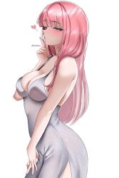  absurdres alternate_costume armpit_crease blush breasts cleavage cowboy_shot dress female heart helldeer highres hololive hololive_english index_finger_raised large_breasts long_hair looking_at_viewer mori_calliope parted_lips pink_eyes pink_hair side_slit silver_dress simple_background solo spoken_heart very_long_hair virtual_youtuber white_background 