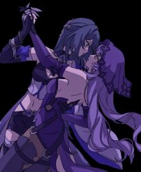  2girls acheron_(honkai:_star_rail) bare_shoulders black_background black_swan_(honkai:_star_rail) breasts commentary dress elbow_gloves gloves hand_on_another&#039;s_waist hashtag-only_commentary holding_hands honkai:_star_rail honkai_(series) interlocked_fingers long_hair midriff multiple_girls navel nekopon0326 purple_dress purple_eyes purple_gloves purple_hair sideboob simple_background veil yuri 