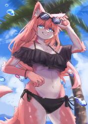  2024 absurd_res anthro beach bracelet bubble canid canine canis clothing coconut_tree digital_drawing_(artwork) digital_media_(artwork) eyewear female fruit_tree glasses hair hi_res jewelry mametunu mammal palm_tree pink_body plant smile solo summer swimwear tail tree water wolf 