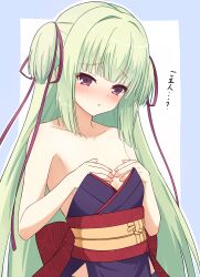  1230_mochi :o absurdres bare_arms bare_shoulders blue_border blunt_bangs blunt_ends blush border breast_conscious breasts collarbone commentary covering_breasts covering_privates cowboy_shot criss-cross_halter female furrowed_brow green_hair hair_intakes hair_ribbon halterneck hands_on_own_chest hands_up highres hime_cut long_hair long_ribbon looking_at_viewer murasame_(senren) nose_blush open_mouth outline outside_border red_eyes red_ribbon red_sash ribbon sash senren_banka shy sidelocks simple_background small_breasts solo straight_hair translated two_side_up variant_set very_long_hair white_background white_outline 