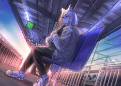  2023 absurd_res anthro bag canid canine canis clock clothing digital_drawing_(artwork) digital_media_(artwork) female fence footwear hair hi_res jacket mametunu mammal railway_station_sign shoes sitting solo sunrise tail topwear train_station wolf 