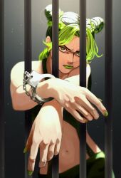  bare_shoulders bun_with_braided_base cone_hair_bun cuffs double_bun female glaring green_eyes green_hair green_lips green_nails hair_bun handcuffs highres jojo_no_kimyou_na_bouken kujo_jolyne lipstick looking_at_viewer makeup midriff multicolored_hair navel prison_cell solo stone_ocean togusa_jj two-tone_hair 