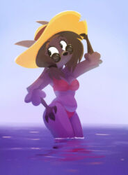  2025 anthro ass belly big_butt big_hat bikini biped bovid brown_hair caprine clothing eyewear female fingers fur grey_body grey_fur hair hi_res hooved_fingers hooves looking_aside mammal partially_submerged pusszone sheep solo summer_hat sunglasses swimwear two-piece_swimsuit wearing_sunglasses wide_hips 