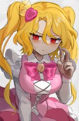  alternate_costume blonde_hair blush bow bowtie breasts collar don_quixote_(project_moon) dress e.g.o_(project_moon) embarrassed female hair_between_eyes hair_ornament hand_on_own_face heart heart_hair_ornament highres in_the_name_of_love_and_hate_(e.g.o) large_breasts limbus_company looking_to_the_side magical_girl nervous_sweating pink_bow pink_bowtie pink_dress project_moon red_eyes ro/ku sancho_(project_moon) simple_background solo sweat twintails two-tone_dress wavy_hair white_background 