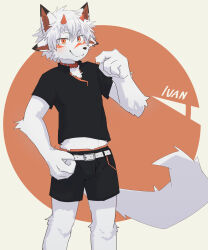  4_fingers absurd_res anthro belt clothed clothing clothing_lift collar domestic_cat facial_markings felid feline felis fingers fur hair head_markings hi_res horn ivan_(ivan-jhang) jinbuuck male mammal markings mouth_closed shirt shirt_lift simple_background solo standing tail topwear white_body white_fur 