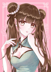  breasts brown_eyes brown_hair china china_dress chinese_clothes cleavage double_bun dress female floral_print gem green_dress hair_bun highres lips long_hair looking_at_viewer open_mouth original pearl_(gemstone) sidelocks small_breasts tsumagari_yuki twintails 