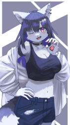  2024 5_fingers absurd_res accessory anthro bottomwear canid canine canis claws clothing digital_drawing_(artwork) digital_media_(artwork) ear_piercing female fingers hair hair_accessory hairclip hi_res jacket mametunu mammal nails pants paws piercing pose purple_eyes shorts solo tail topwear torn_bottomwear torn_clothing torn_pants wolf 
