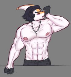  2024 abs anthro areola barazoku biped black_hair bone_frill cavemanon_studios closed_eyes clothed clothing colored dinosaur fingers fist frill_(anatomy) front_view gloves grey_background hadrosaurid hair half-length_portrait handwear head_turned humanoid_hands jewelry kenonsfw male mature_anthro mature_male medium_hair multicolored_body multicolored_scales muscular muscular_anthro muscular_arms muscular_male navel necklace nipples non-mammal_nipples orange_body orange_scales ornithischian ornithopod parasaurolophus pecs pink_areola pink_nipples portrait prehistoric_species reptile scales scalie simple_background snoot_game solo standing tony_(snoot_game) topless topless_anthro topless_male two_tone_body two_tone_scales white_body white_scales 