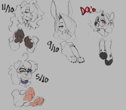  4_toes anthro bell blue_eyes brown_eyes canid canine canis cloven_hooves collar deer domestic_dog ear_piercing eyewear feet felid feline female glasses grey_background group hair hair_over_eye heterochromia hooves horizontal_pupils inu-sama lagomorph leporid long_hair mammal pawpads piercing pupils rabbit simple_background toes yellow_eyes 