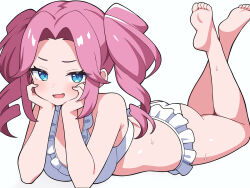  ass bikini blue_eyes breasts crossed_ankles drill_hair feet_up female frilled_bikini frills large_breasts lying oerba_yun_fang on_stomach pink_hair shikoku_metan skin_fang smug solo suuchi_maigo_(nan) swimsuit twin_drills voicevox wet white_background 