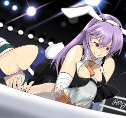  2girls animal_ears artistic_error ascot bandages black_gloves black_hairband black_ribbon black_vest blue_leotard boxing_ring breast_smother breasts catfight cleavage commission face_to_breasts fake_animal_ears fingerless_gloves gloves green_leotard grey_hair grin hairband hanabusa_(xztr3448) highres konpaku_youmu large_breasts leotard long_hair lying multiple_girls orange_gloves pixiv_commission purple_hair rabbit_ears rabbit_tail red_eyes reisen_udongein_inaba ribbon short_hair sleeveless smile tail touhou touhou_tag_dream v-shaped_eyebrows very_long_hair vest white_hairband wrestling yellow_ascot 