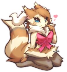  2025 ambiguous_gender anthro blue_eyes bow_ribbon braixen brown_body brown_fur brown_hair canid canine eyelashes fur furret generation_2_pokemon generation_6_pokemon grey_body grey_fur hair heart_symbol hi_res hybrid inner_ear_fluff kneeling mammal markings nintendo pokemon pokemon_(species) pokemorph rekiowaa signature simple_background solo striped_body striped_fur stripes tail tan_body tan_fur thick_thighs tuft whisker_markings wide_hips 