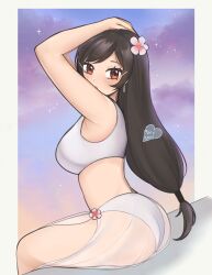 alternate_costume armpits arms_up ass bare_shoulders bikini black_hair breasts brown_eyes brown_hair earrings female final_fantasy final_fantasy_vii highres jewelry large_breasts long_hair low-tied_long_hair luci_(purrlucii) midriff sarong smile solo swimsuit tifa_lockhart 