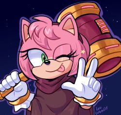  5_fingers accessory amy_rose anthro blep clothing eulipotyphlan female fingers gloves green_eyes hair hair_accessory hammer handwear hedgehog hi_res looking_at_viewer lou_lubally mammal one_eye_closed piko_piko_hammer pink_body pink_hair robe sega signature simple_background smile smiling_at_viewer solo sonic_the_hedgehog_(series) tongue tongue_out tools wink 
