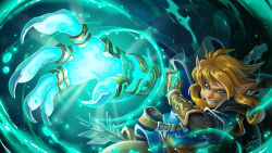  16:9 2023 5_fingers adobe_photoshop_(artwork) armor arrow_(weapon) bangs belt belt_buckle bent_arm blonde_hair blue_claws blue_clothing blue_eyes blue_shirt blue_topwear blue_tunic bottomwear brown_belt brown_clothing brown_gloves brown_handwear buckle claws clenched_teeth clothing colored digital_drawing_(artwork) digital_media_(artwork) english_description fangs finger_claws fingers gauntlets giacomo_boni gloves hair hand_on_own_arm handwear hi_res humanoid humanoid_pointy_ears hylian light lighting link magic magic_user male male_humanoid nintendo not_furry pants pointy_ears procreate_(artwork) quiver_(object) ranged_weapon shaded shirt short_hair signature simple_background solo tan_body tan_bottomwear tan_clothing tan_pants tan_skin tears_of_the_kingdom teeth the_legend_of_zelda topwear tunic weapon widescreen 
