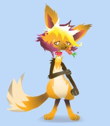  2014 anthro blonde_hair blue_background canid canine carrot carrot_in_mouth digital_drawing_(artwork) digital_media_(artwork) firedash_(cyanide_and_happiness) food fox full-length_portrait fur hair lineless male mammal naircat plant portrait purple_hair simple_background solo tan_body tan_fur vegetable yellow_body yellow_fur 