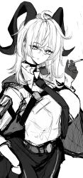  absurdres arm_pouch b-shi bags_under_eyes black_pouch breasts choker cigarette closed_mouth collared_shirt commentary_request cowboy_shot curled_horns female gloves greyscale hair_between_eyes half_gloves highres holding holding_cigarette horns large_breasts long_hair mole mole_under_eye monochrome necktie pants shirt shirt_tucked_in simple_background solo white_background wuthering_waves zani_(wuthering_waves) 