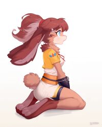  2025 3_toes ancesra anthro ass blue_eyes bottomwear breasts brown_body brown_fur brown_hair brown_tail clothed clothed_anthro clothed_female clothing digital_media_(artwork) feet female fully_clothed fully_clothed_anthro fully_clothed_female fur hair hi_res inner_ear_fluff kneeling lagomorph leporid long_ears lop_(star_wars_visions) mammal neck_tuft open_mouth rabbit side_view simple_background solo star_wars star_wars_visions tail toes topwear tuft white_background 
