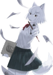  2023 5_fingers absurd_res anthro bottomwear canid canine canis clothing digital_drawing_(artwork) digital_media_(artwork) female fingers fur gesture hair hand_gesture hi_res mametunu mammal paper pen pointing pointing_at_viewer school_uniform short_hair simple_background sketchbook skirt solo tail uniform white_background white_body white_fur white_hair wolf 
