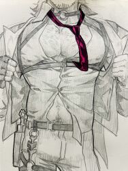  1boy bara beard_stubble chest_hair coat english_commentary facial_hair gallagher_(honkai:_star_rail) graphite_(medium) hatching_(texture) highres honkai:_star_rail honkai_(series) linear_hatching male_focus marker_(medium) muscular muscular_male necktie open_clothes open_coat partially_colored pectoral_cleavage pectorals red_necktie strap stubble teavon8 traditional_media unbuttoned unbuttoned_shirt 