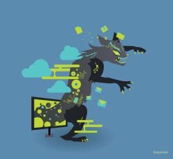  2014 ambiguous_gender anthro blue_background cloud computer digital_creature digital_drawing_(artwork) digital_media_(artwork) domestic_cat electronics felid feline felis fur grey_body grey_fur lineless mammal multicolored_body naircat simple_background solo webcore 