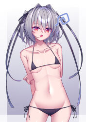  :o alternate_costume armpit_crease arms_behind_back ass_visible_through_thighs bare_shoulders bikini black_bikini black_ribbon blush border breasts breasts_apart collarbone commentary cowboy_shot eyes_visible_through_hair female frown furrowed_brow grey_background grey_hair groin hair_between_eyes hair_intakes hair_ribbon halterneck hapymaher highres long_ribbon looking_at_viewer mate_(oktavia1121) medium_breasts medium_hair micro_bikini naitou_maia navel oerba_yun_fang open_mouth outside_border red_eyes ribbon side-tie_bikini_bottom simple_background slit_pupils solo stomach swimsuit twitter_username two_side_up watermark white_border 