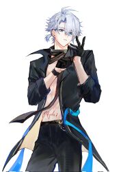  1boy adjusting_clothes adjusting_gloves antenna_hair belt black_belt black_choker black_gloves black_pants black_shirt blue_eyes chinese_commentary choker collared_shirt commentary_request cowboy_shot earclip gloves half_gloves highres honkai:_star_rail honkai_(series) male_focus neck_tattoo official_alternate_costume open_clothes open_shirt pants parted_bangs phainon_(fashion)_(honkai:_star_rail) phainon_(honkai:_star_rail) ponytail qiaose33912 shirt short_hair simple_background solo sun_symbol sun_tattoo tattoo white_background white_hair 