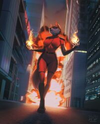  anthro canid canine canis city city_background city_destruction clothing confident confident_female deedrake destruction downtown explosion female fire hi_res legend_of_ahya mammal mask murana_wolford_(darkflame-wolf) night solo street street_lamp suit vigilante wearing_mask wolf 