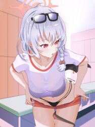  absurdres black_tail black_wings blue_archive buruma commentary demon_tail demon_wings english_commentary female gym_shirt gym_uniform halo haruna_(blue_archive) haruna_(track)_(blue_archive) highres piercing red_buruma red_halo royalbunny003 shirt single_wing solo tail wing_piercing wings 