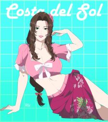  aerith_gainsborough aerith_gainsborough_(floral_delight) artist_name blue_background breasts brown_hair cleavage collarbone commentary english_commentary english_text female final_fantasy final_fantasy_vii final_fantasy_vii_rebirth final_fantasy_vii_remake flower forehead green_eyes hair_flower hair_ornament lips long_hair medium_breasts midriff navel official_alternate_costume pink_flower pink_lips pink_sarong pink_shirt r3dfive sarong shirt short_sleeves skirt smile solo stomach 