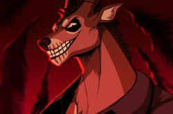  anthro black_nose bust_portrait deer grin imperatorcaesar looking_at_viewer male mammal narrowed_eyes outside plant portrait red_theme simple_background smile solo tree 
