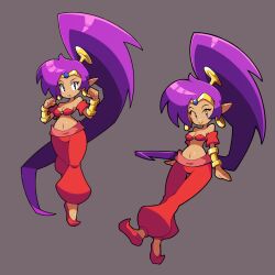  arexnub breasts cleavage clothed clothing ear_piercing ear_ring female footwear genie hair hi_res humanoid humanoid_pointy_ears long_hair looking_at_viewer navel not_furry piercing pointy_ears ponytail purple_hair ring_piercing shantae shantae_(series) simple_background smile solo wayforward 