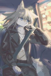  2023 5_fingers absurd_res anthro canid canine canis car car_interior clothing digital_drawing_(artwork) digital_media_(artwork) female fingers hair hi_res jacket jewelry mametunu mammal necklace seatbelt sitting solo tail topwear vehicle wolf 